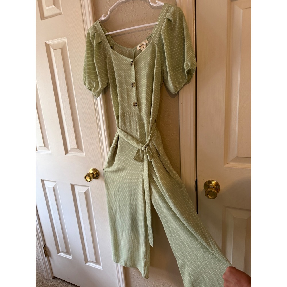 Monteau Sage Green Polka Dot Puff Sleeve Tie Waist Wide Leg Jumpsuit Medium NWT